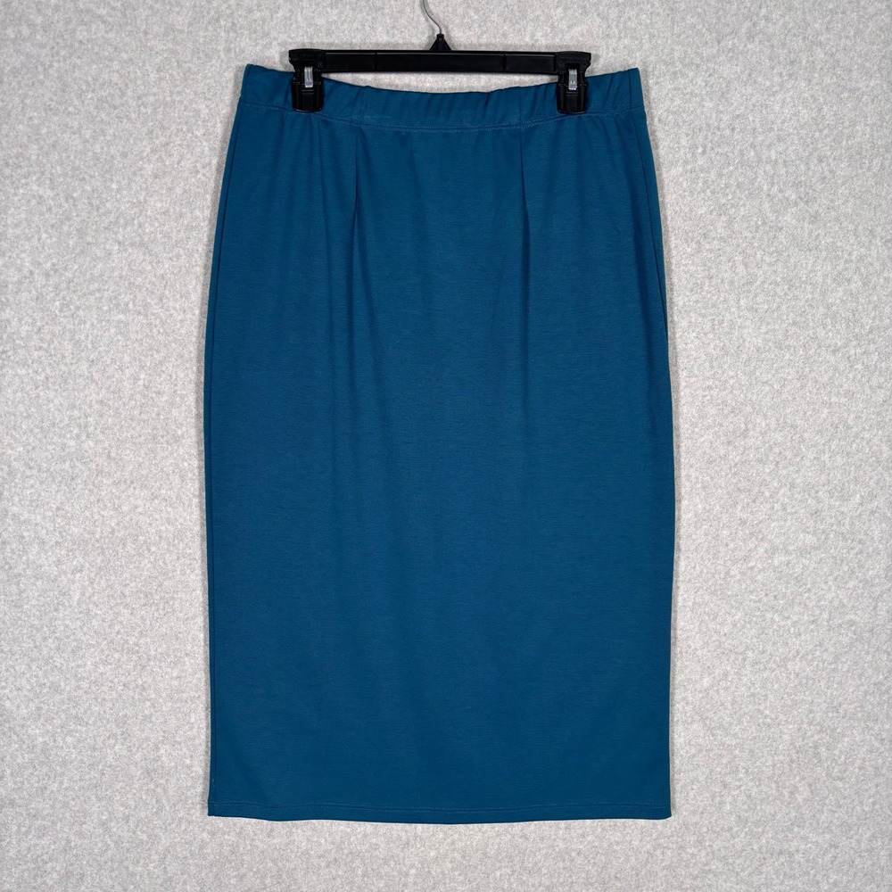 Slinky Brand Knit Midi Pencil Skirt Large Teal Ribbed Elastic Waist Comfort USA